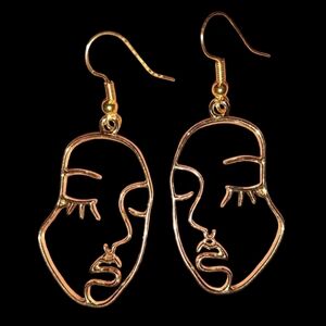 Gold Abstract Woman Face Artistic Earrings Eyelashes Eyes Outline Mask Line Art